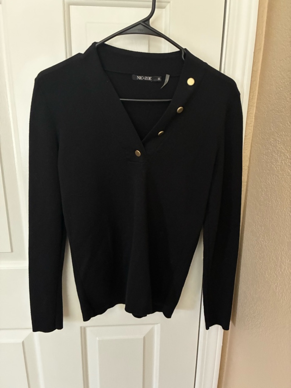 NIC+ZOE Black V-Neck Sweater with Gold Button Detail